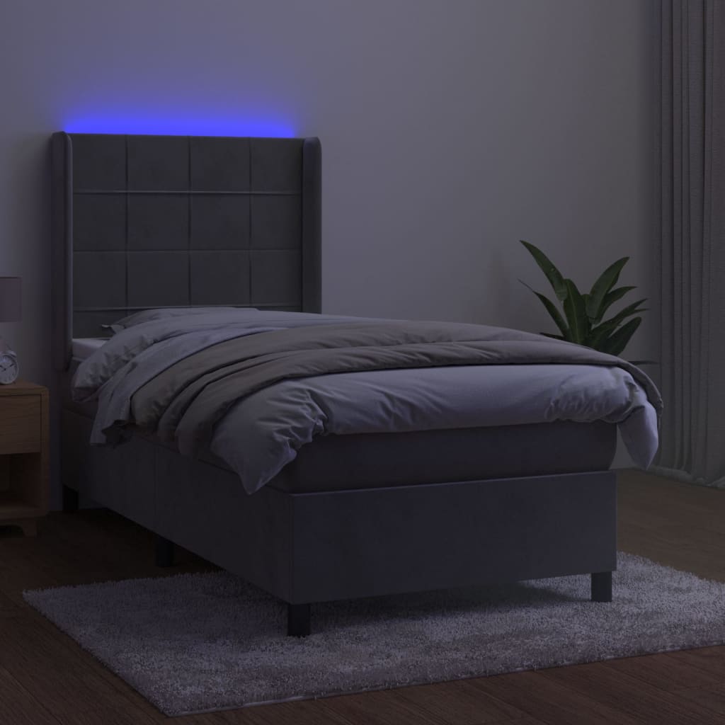 Letto a Molle Materasso e LED Grigio Chiaro 90x190 cm Velluto | homemem39
