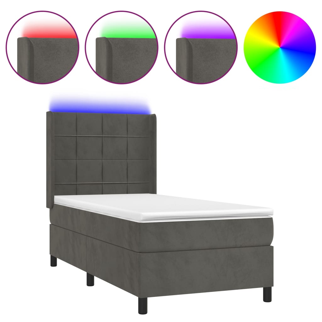 Letto a Molle con Materasso e LED Grigio Scuro 90x190cm Velluto | homemem39