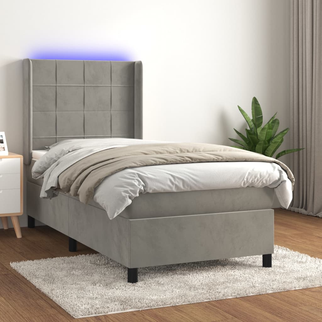 Letto a Molle Materasso e LED Grigio Chiaro 90x200 cm Velluto | homemem39