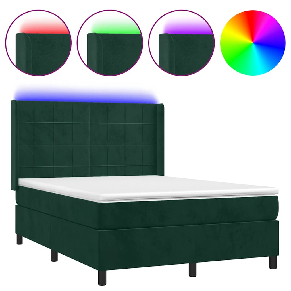 Letto a Molle con Materasso e LED Verde Scuro 140x190cm Velluto | homemem39