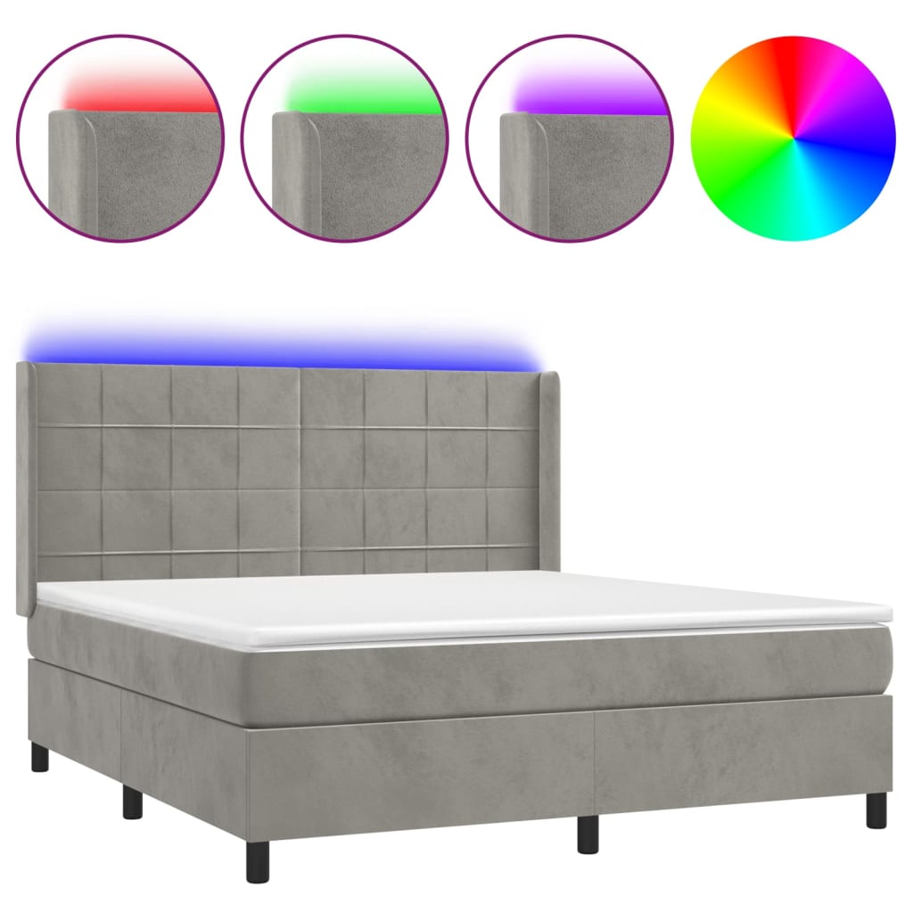 Letto a Molle Materasso e LED Grigio Chiaro 160x200 cm Velluto | homemem39