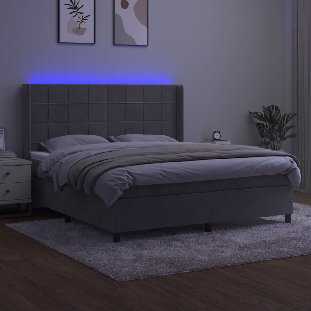 Letto a Molle Materasso e LED Grigio Chiaro 160x200 cm Velluto | homemem39