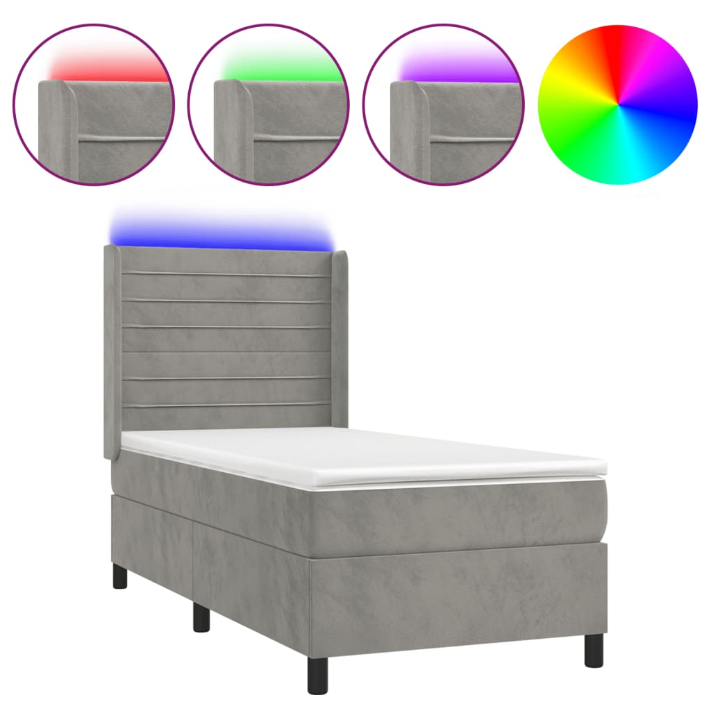 Letto a Molle Materasso e LED Grigio Chiaro 80x200 cm Velluto | homemem39