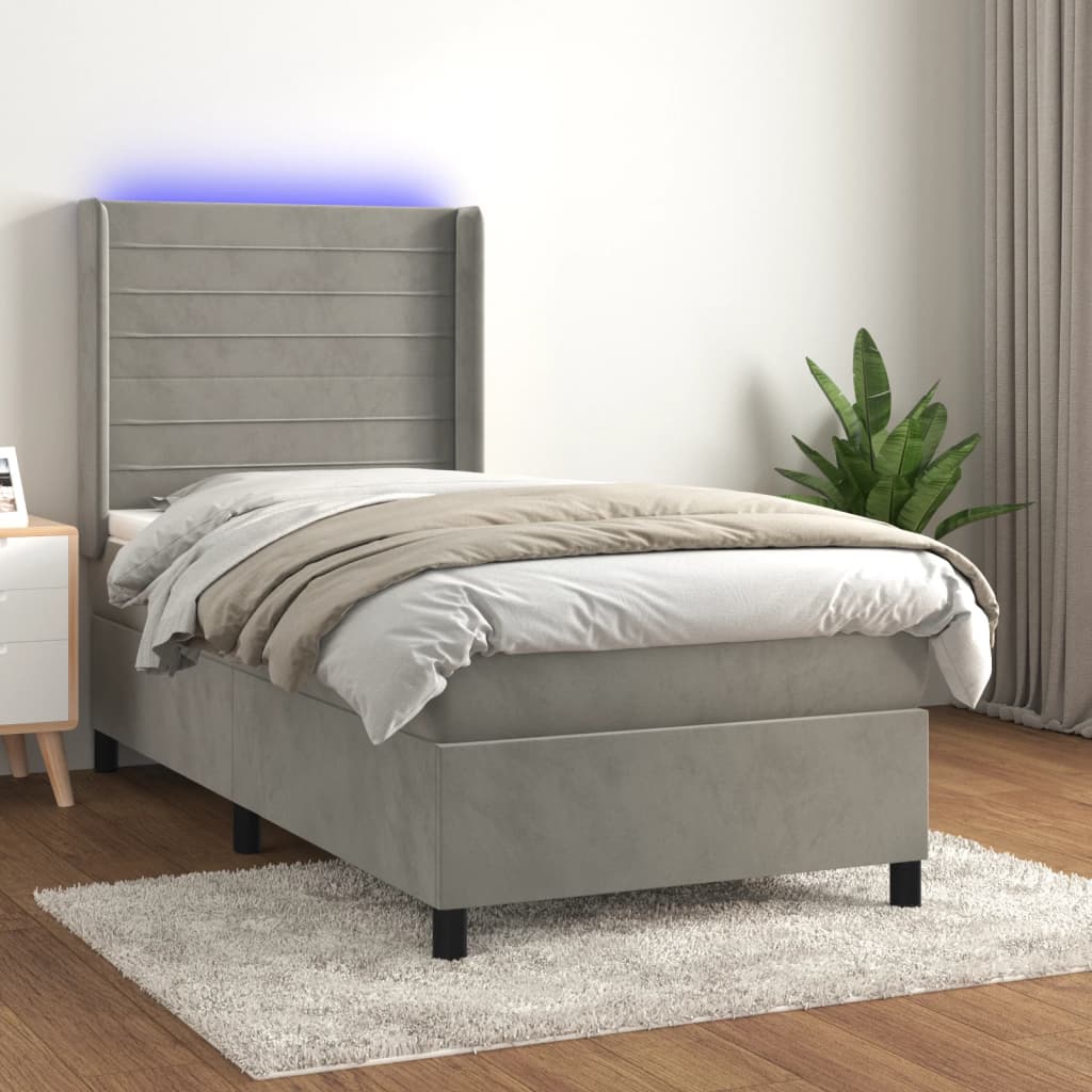 Letto a Molle Materasso e LED Grigio Chiaro 90x200 cm Velluto | homemem39