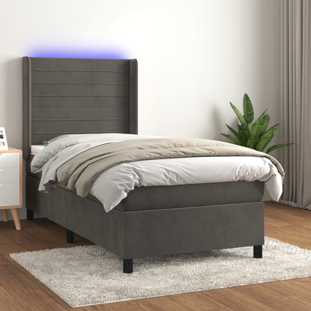 Letto a Molle con Materasso e LED Grigio Scuro 90x200cm Velluto | homemem39