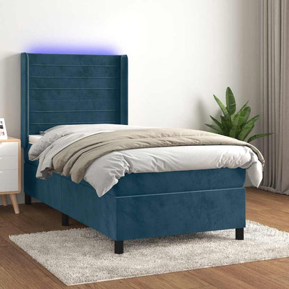 Letto a Molle con Materasso e LED Blu Scuro 90x200cm in Velluto | homemem39