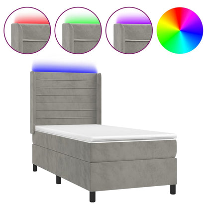 Letto a Molle Materasso e LED Grigio Chiaro 100x200 cm Velluto | homemem39