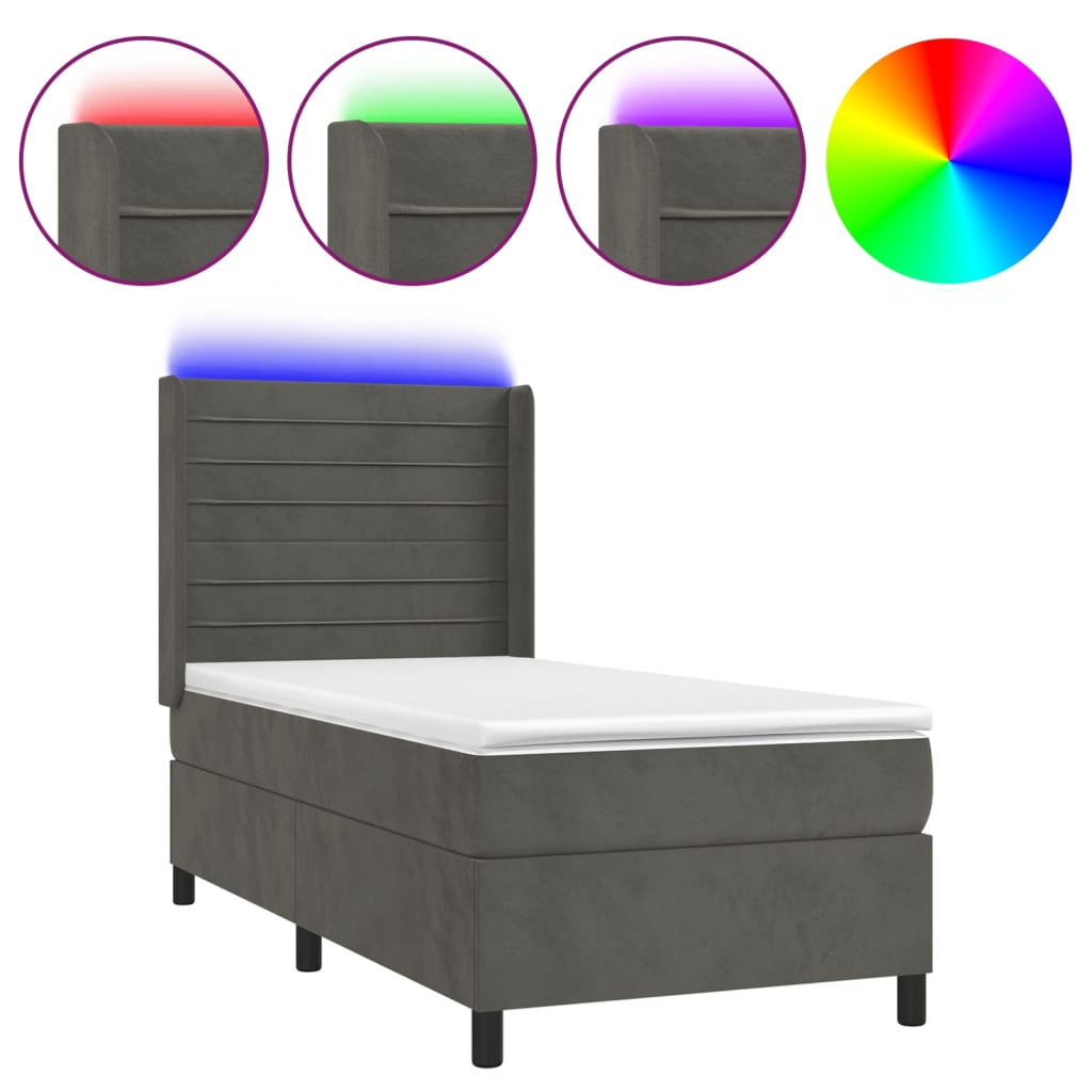 Letto a Molle con Materasso e LED Grigio Scuro 100x200 cm | homemem39