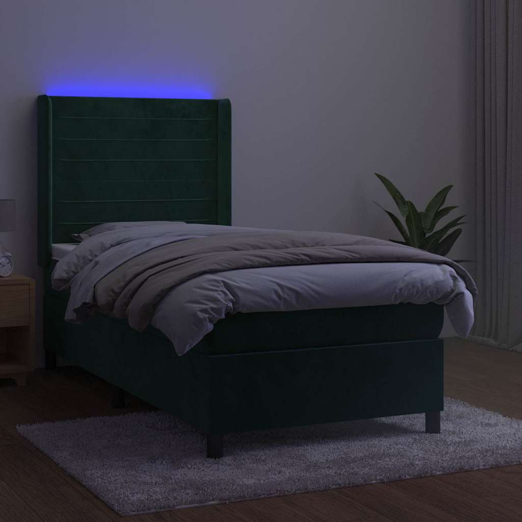 Letto a Molle con Materasso e LED Verde Scuro 100x200cm Velluto | homemem39