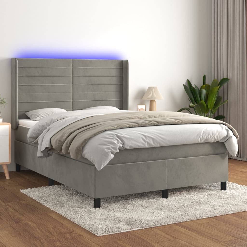 Letto a Molle Materasso e LED Grigio Chiaro 140x190 cm Velluto | homemem39