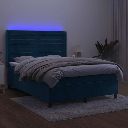 Letto a Molle con Materasso e LED Blu Scuro 140x190 cm