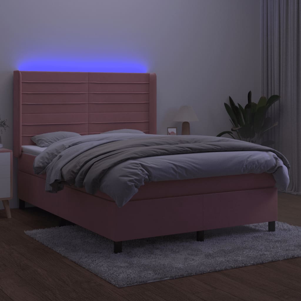 Letto a Molle con Materasso e LED Rosa 140x190 cm in Velluto