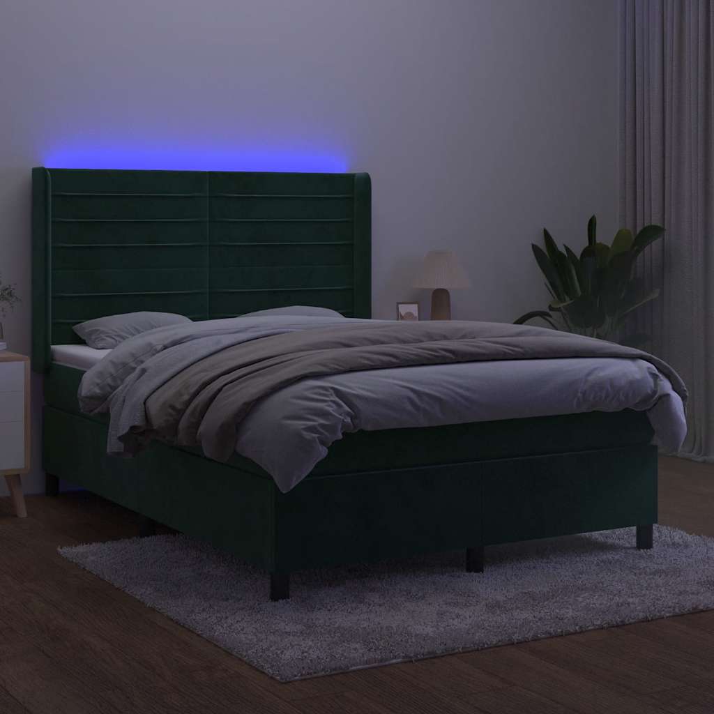 Letto a Molle con Materasso e LED Verde Scuro 140x200cm Velluto | homemem39