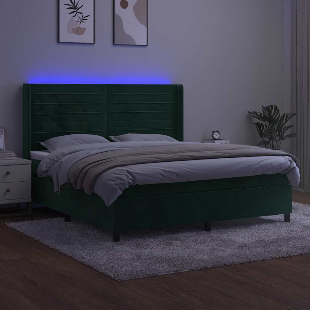 Letto a Molle con Materasso e LED Verde Scuro 160x200cm Velluto | homemem39