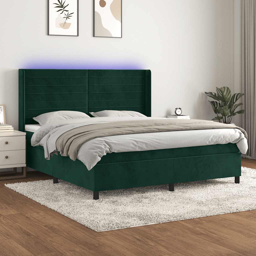 Letto a Molle con Materasso e LED Verde Scuro 180x200cm Velluto
