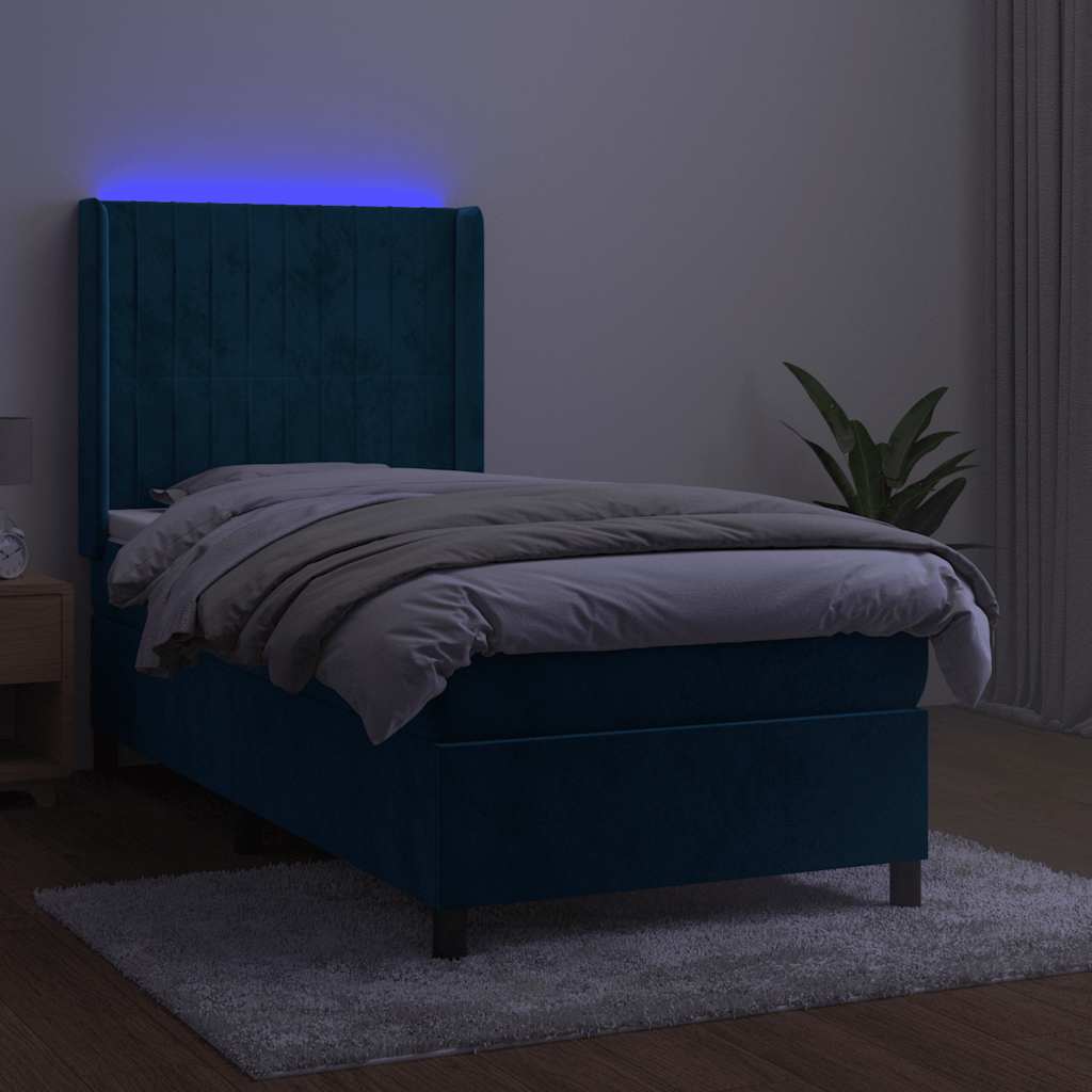Letto a Molle con Materasso e LED Blu Scuro 90x190cm in Velluto