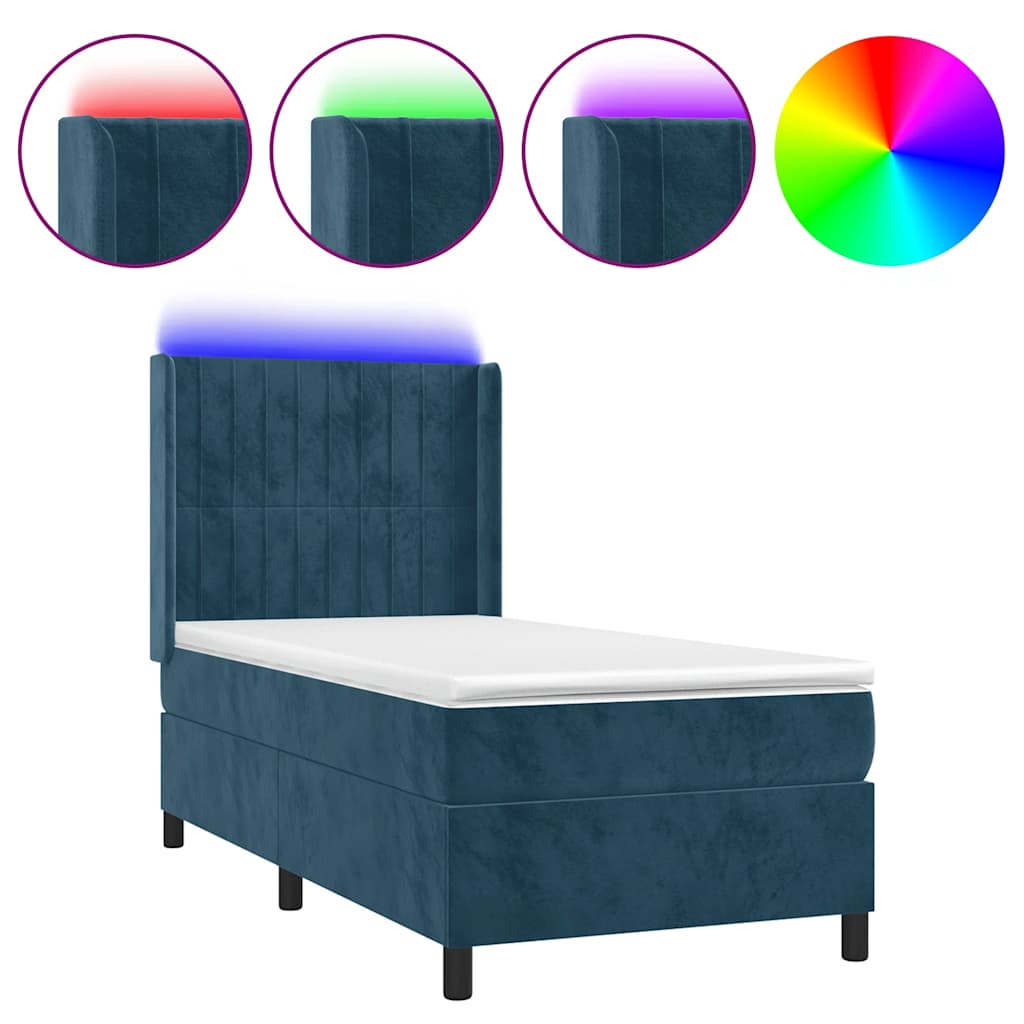 Letto a Molle con Materasso e LED Blu Scuro 90x200cm in Velluto | homemem39