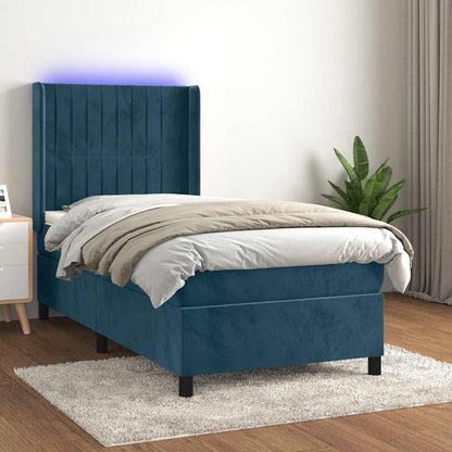 Letto a Molle con Materasso e LED Blu Scuro 90x200cm in Velluto | homemem39