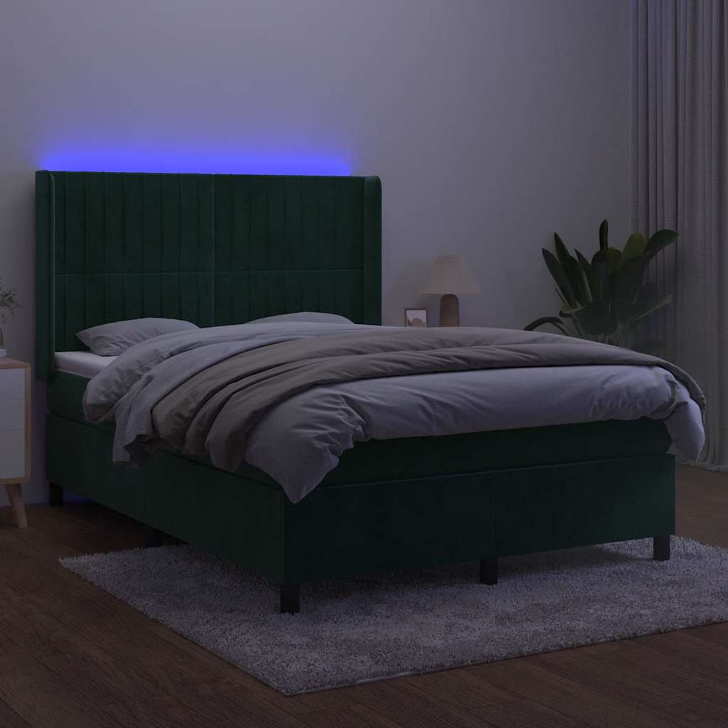 Letto a Molle con Materasso e LED Verde Scuro 140x200cm Velluto | homemem39
