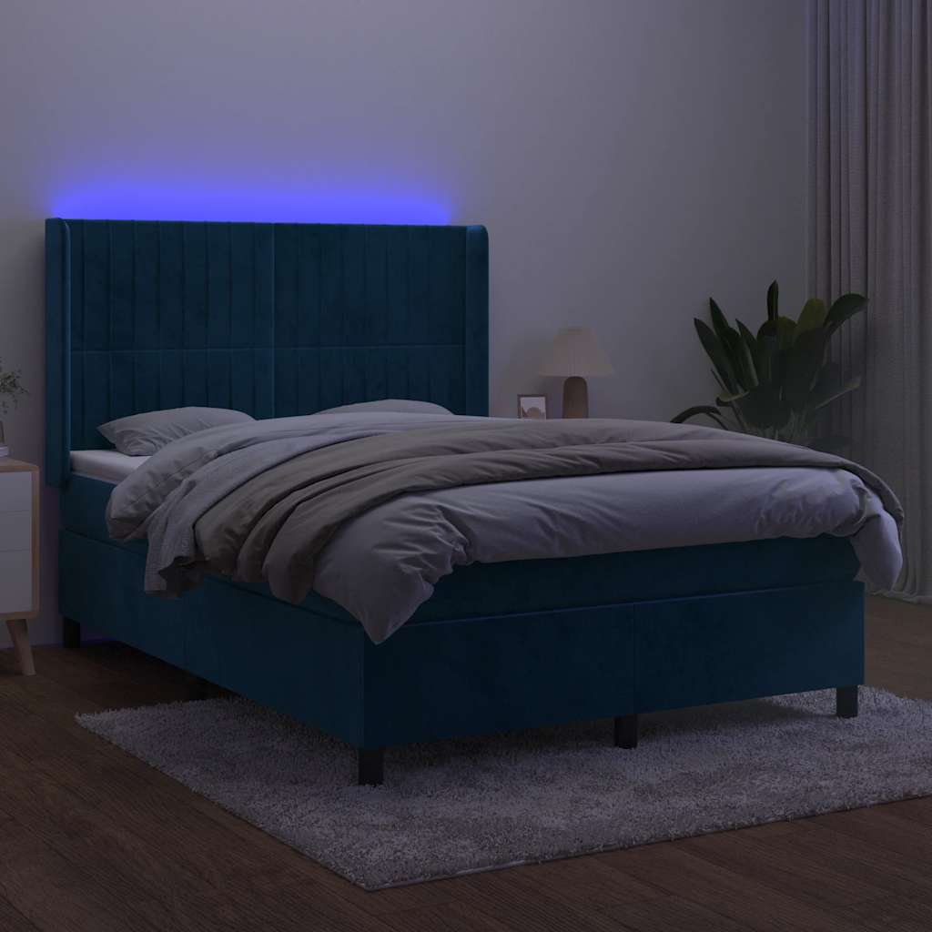 Letto a Molle con Materasso e LED Blu Scuro 140x200 cm
