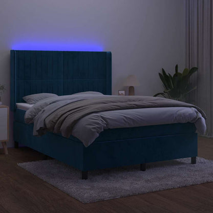 Letto a Molle con Materasso e LED Blu Scuro 140x200 cm