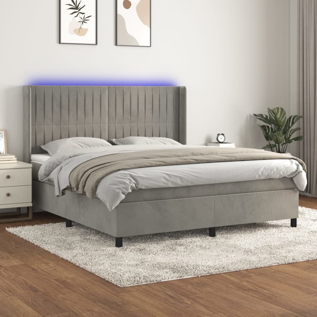 Letto a Molle Materasso e LED Grigio Chiaro 180x200 cm Velluto | homemem39