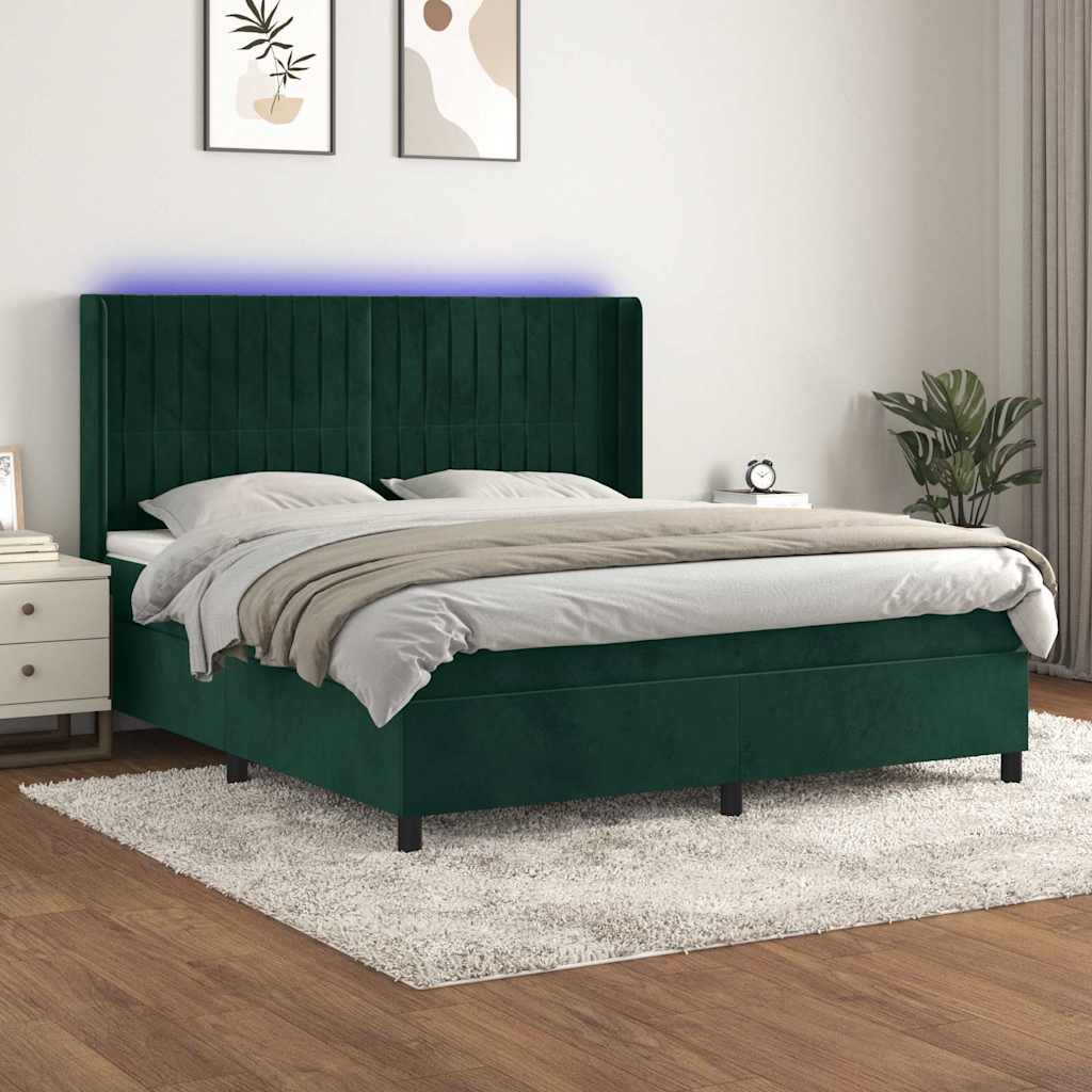 Letto a Molle con Materasso e LED Verde Scuro 180x200cm Velluto | homemem39