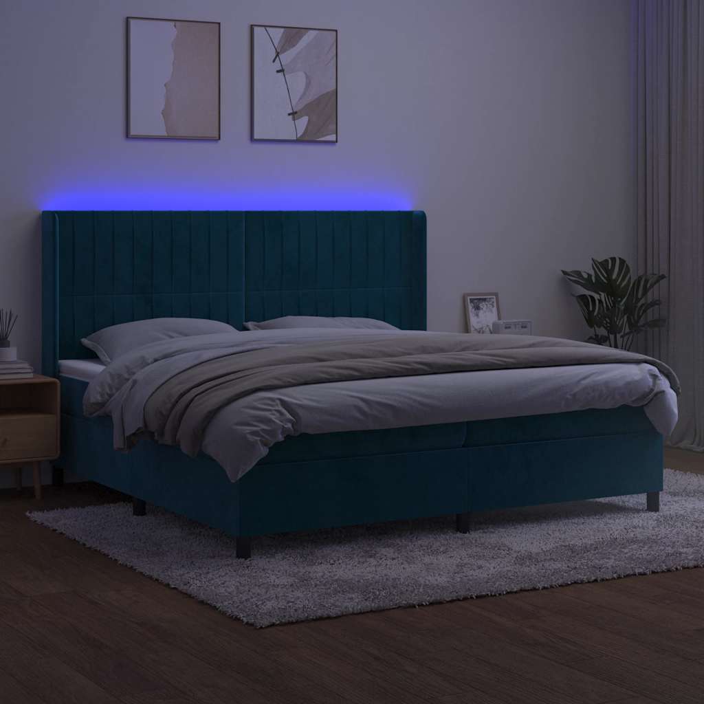 Letto a Molle con Materasso e LED Blu Scuro 200x200 cm | homemem39
