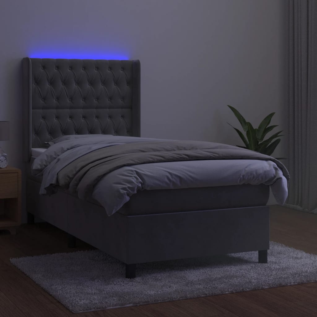 Letto a Molle Materasso e LED Grigio Chiaro 90x200 cm Velluto | homemem39