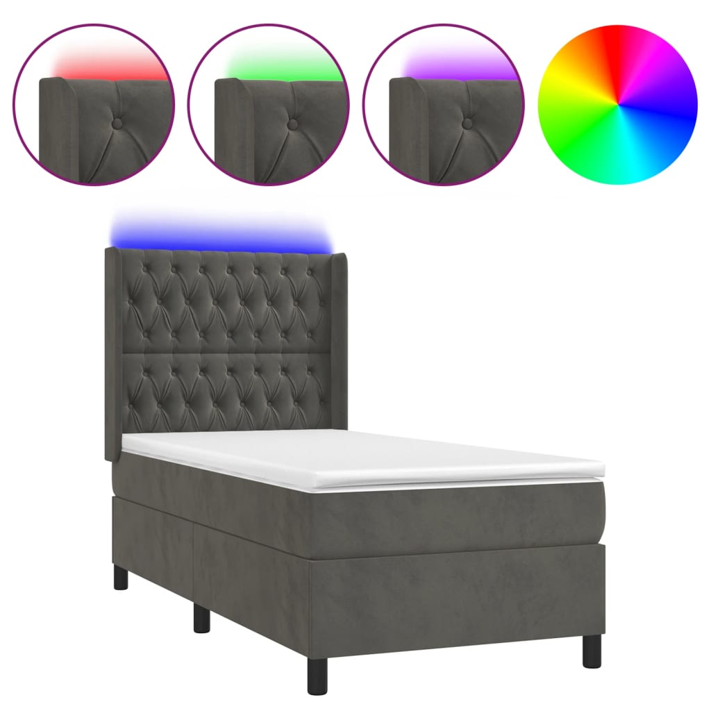 Letto a Molle con Materasso e LED Grigio Scuro 90x200cm Velluto | homemem39