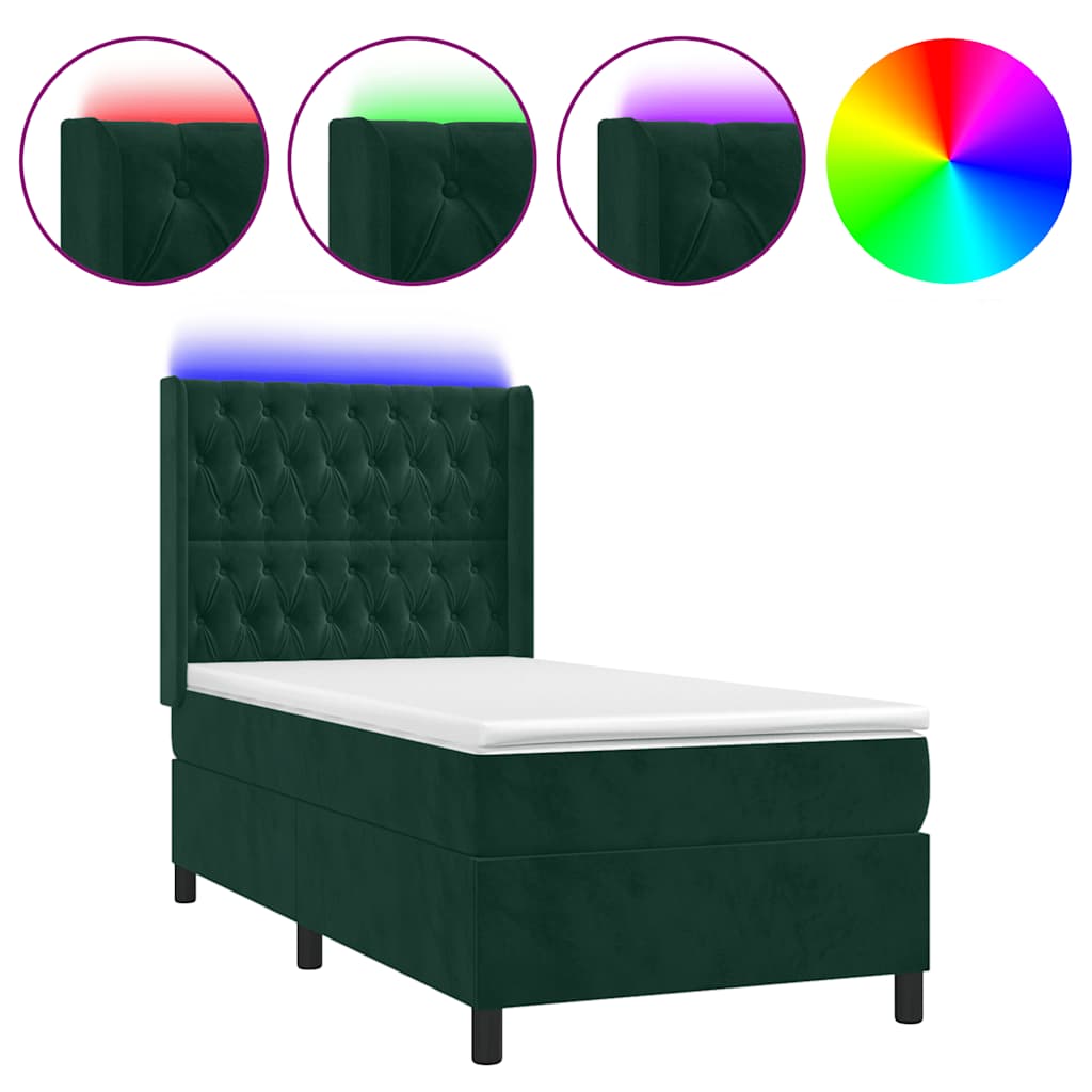 Letto a Molle con Materasso e LED Verde Scuro 100x200cm Velluto | homemem39