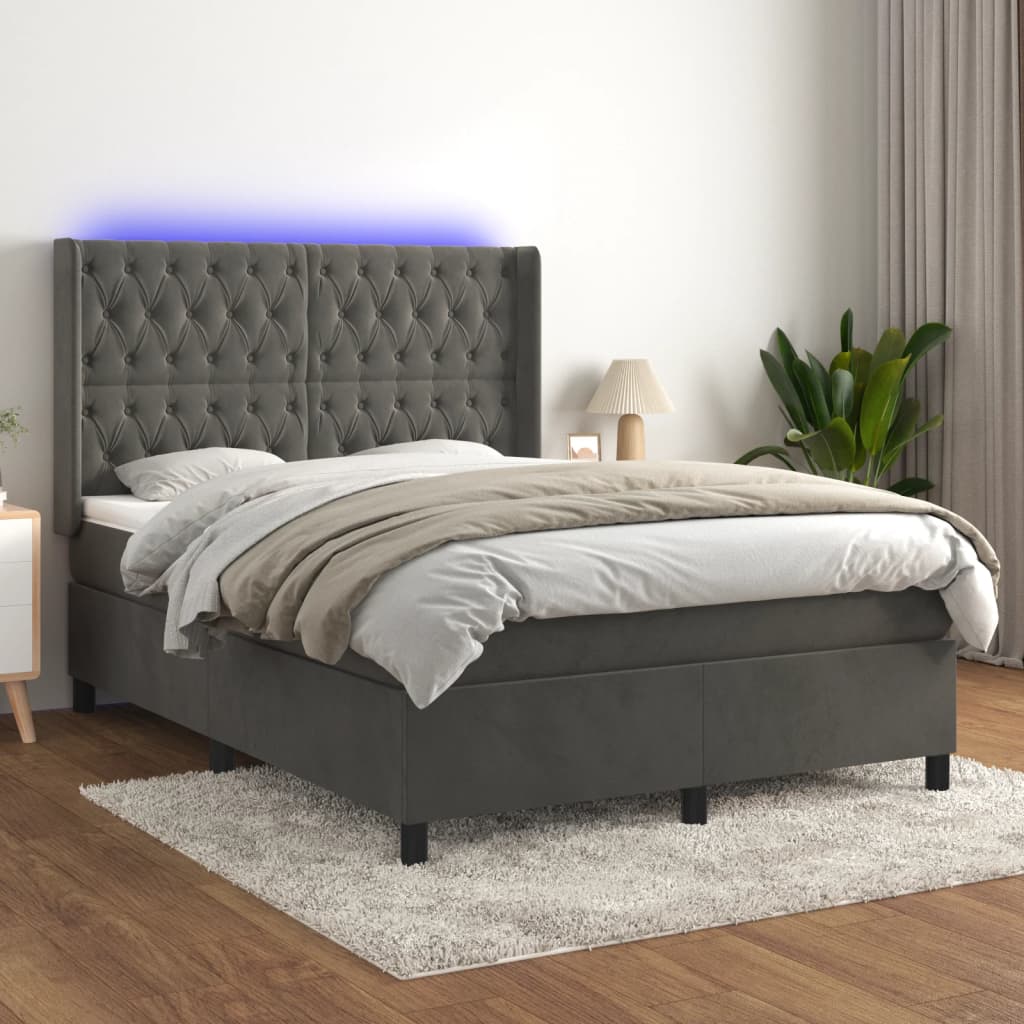 Letto a Molle con Materasso e LED Grigio Scuro 140x190 cm | homemem39