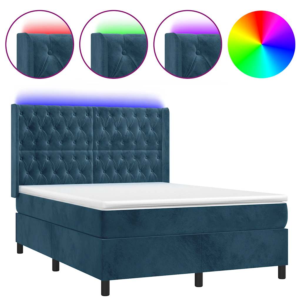Letto a Molle con Materasso e LED Blu Scuro 140x190 cm | homemem39