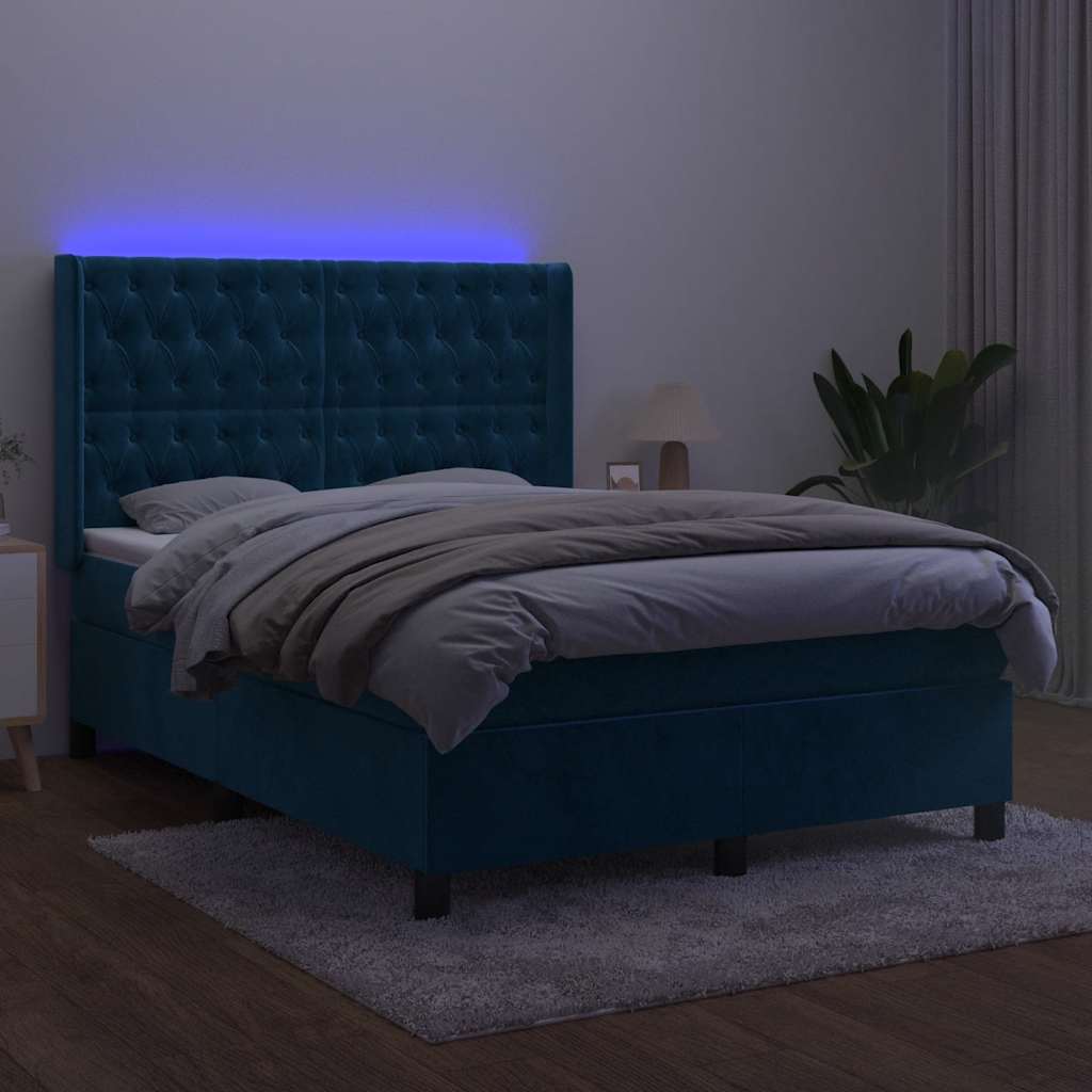 Letto a Molle con Materasso e LED Blu Scuro 140x190 cm