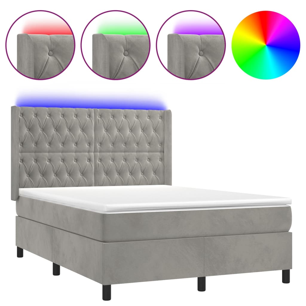 Letto a Molle Materasso e LED Grigio Chiaro 140x200 cm Velluto | homemem39