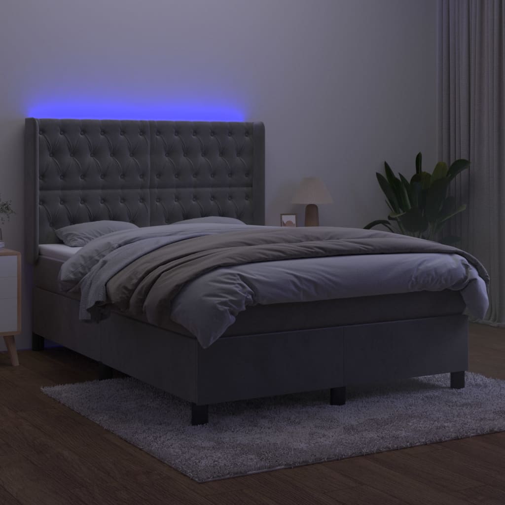 Letto a Molle Materasso e LED Grigio Chiaro 140x200 cm Velluto | homemem39