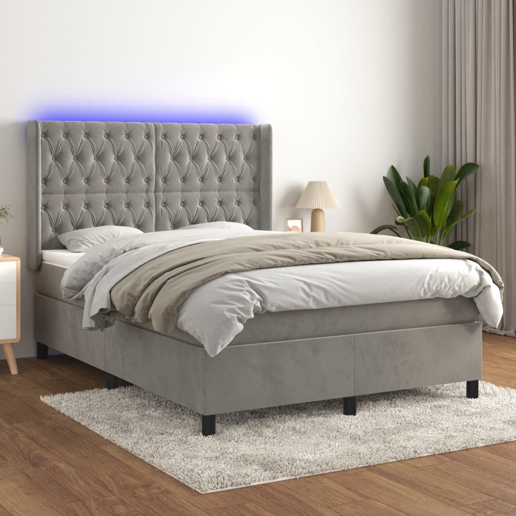 Letto a Molle Materasso e LED Grigio Chiaro 140x200 cm Velluto | homemem39