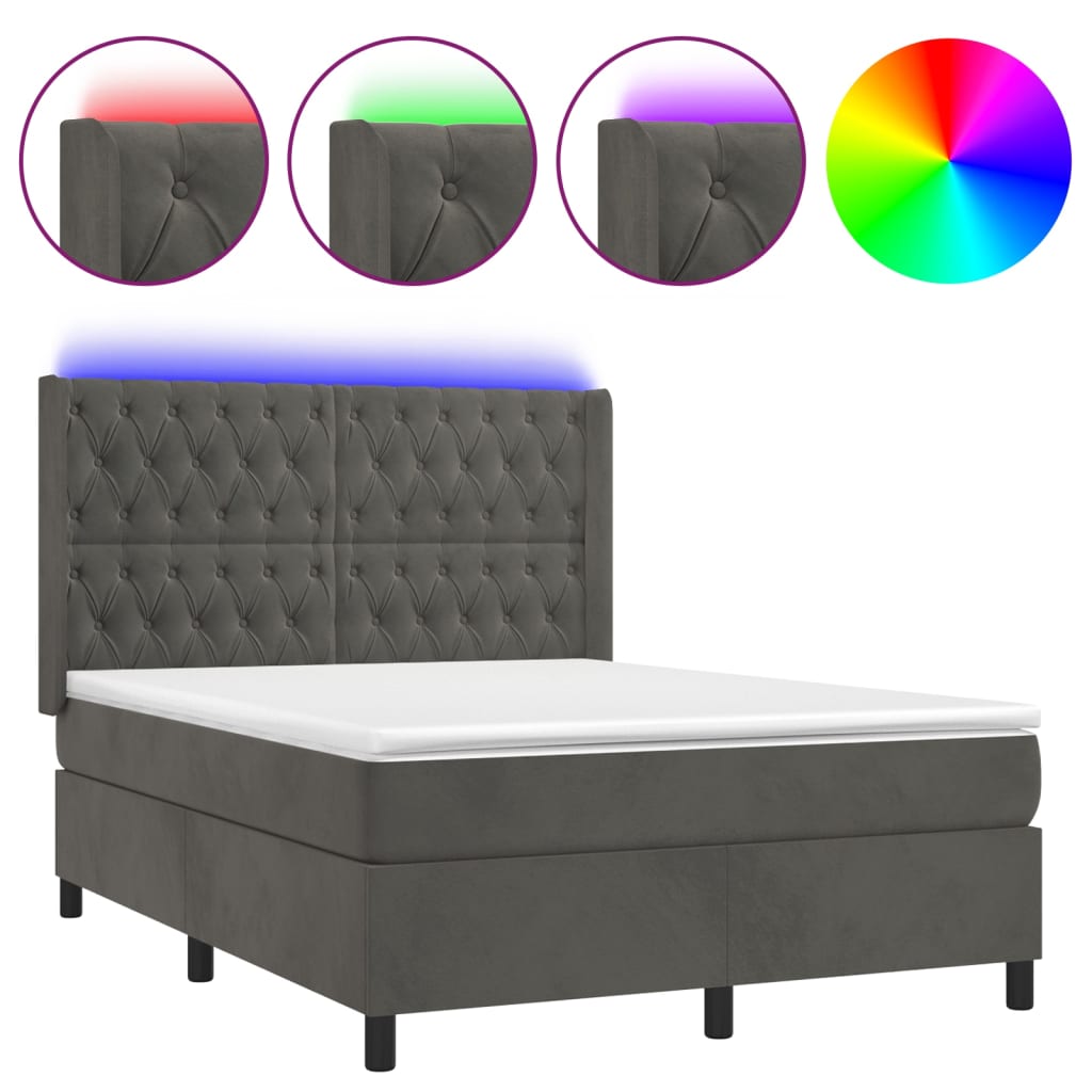 Letto a Molle con Materasso e LED Grigio Scuro 140x200 cm | homemem39