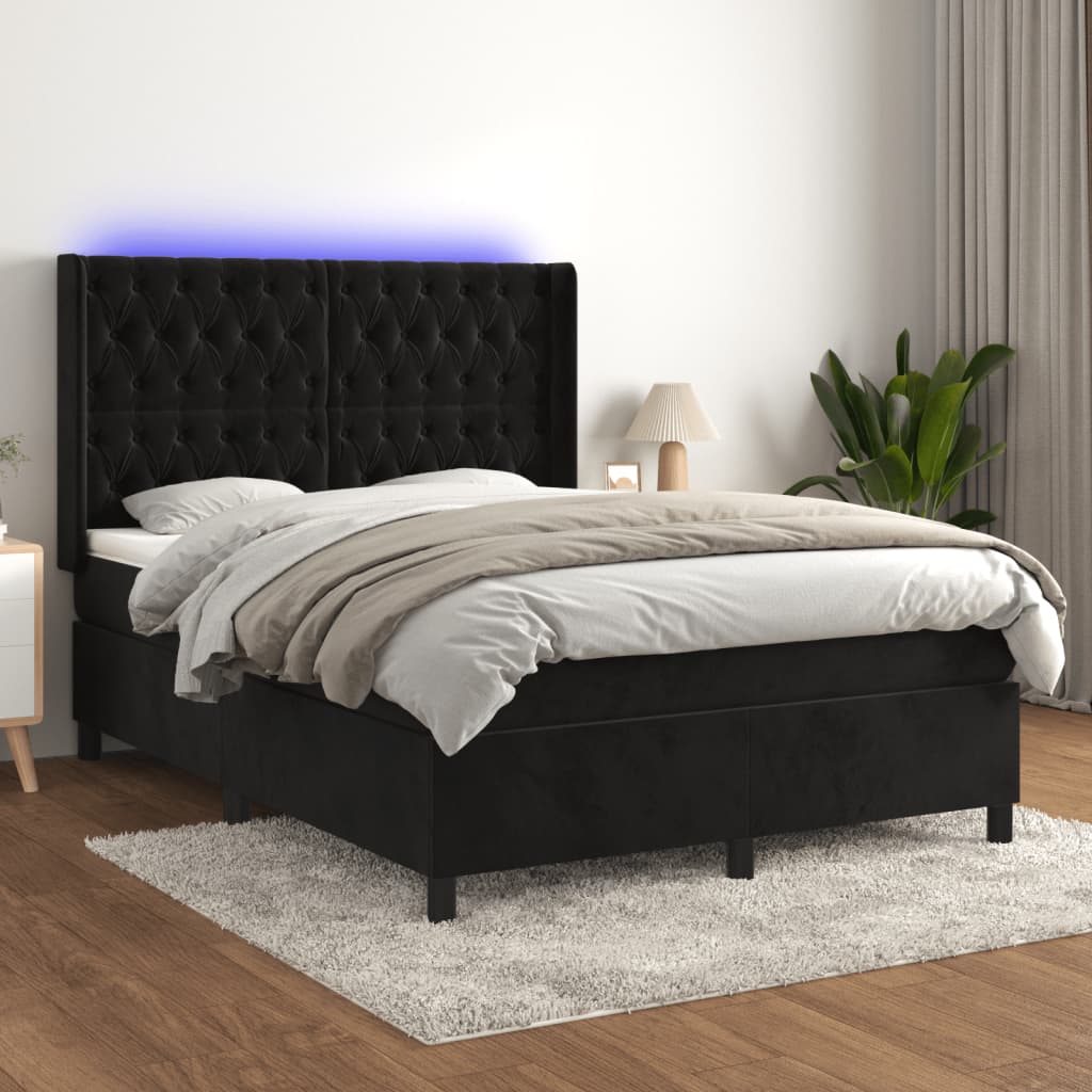 Letto a Molle con Materasso e LED Nero 140x200 cm in Velluto | homemem39