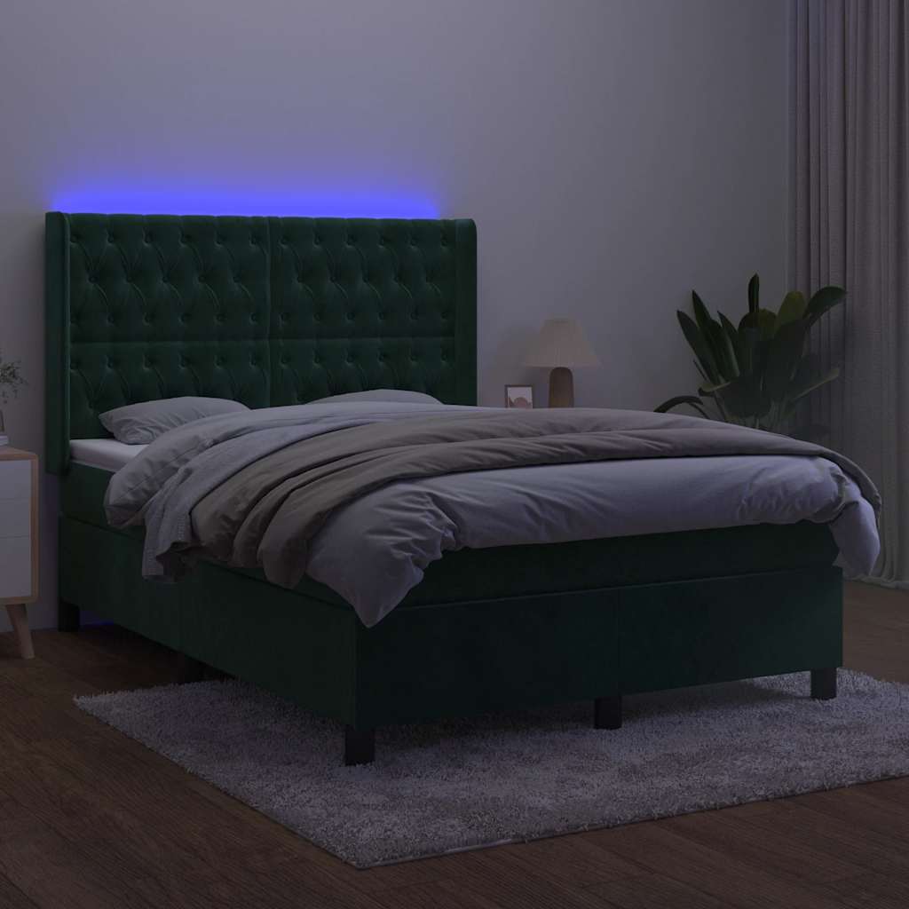 Letto a Molle con Materasso e LED Verde Scuro 140x200cm Velluto | homemem39