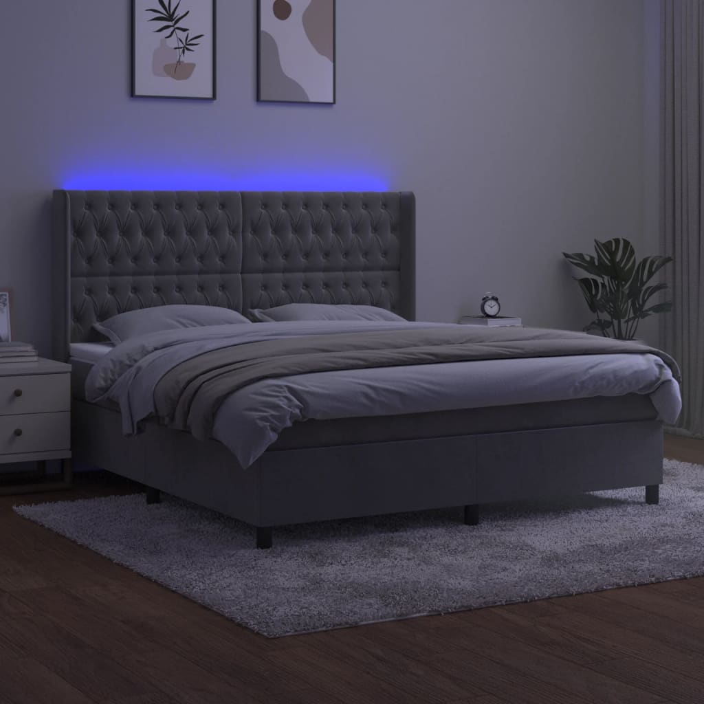 Letto a Molle Materasso e LED Grigio Chiaro 160x200 cm Velluto | homemem39