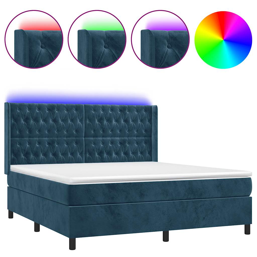 Letto a Molle con Materasso e LED Blu Scuro 160x200 cm
