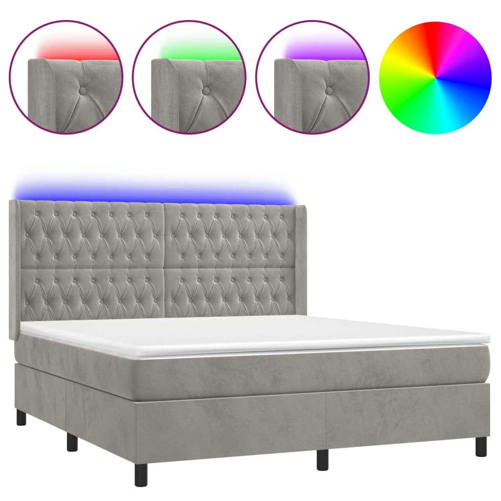 Letto a Molle Materasso e LED Grigio Chiaro 180x200 cm Velluto | homemem39