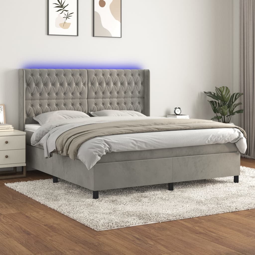 Letto a Molle Materasso e LED Grigio Chiaro 180x200 cm Velluto | homemem39