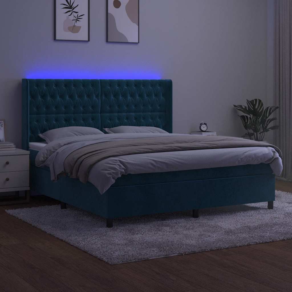 Letto a Molle con Materasso e LED Blu Scuro 180x200 cm