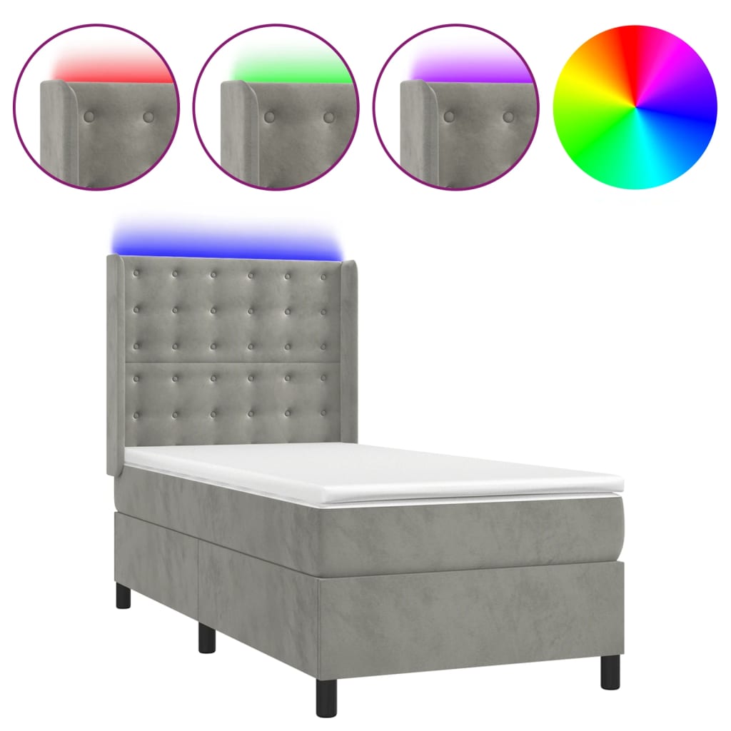 Letto a Molle Materasso e LED Grigio Chiaro 80x200 cm Velluto | homemem39