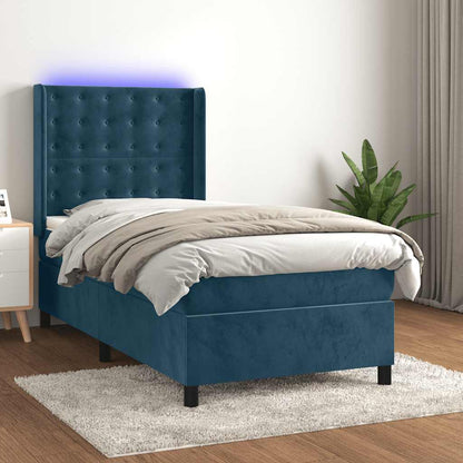 Letto a Molle con Materasso e LED Blu Scuro 90x190cm in Velluto | homemem39