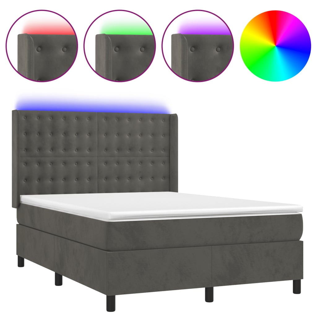 Letto a Molle con Materasso e LED Grigio Scuro 140x190 cm | homemem39