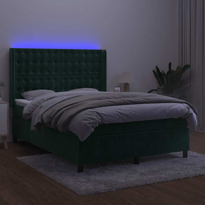 Letto a Molle con Materasso e LED Verde Scuro 140x190cm Velluto
