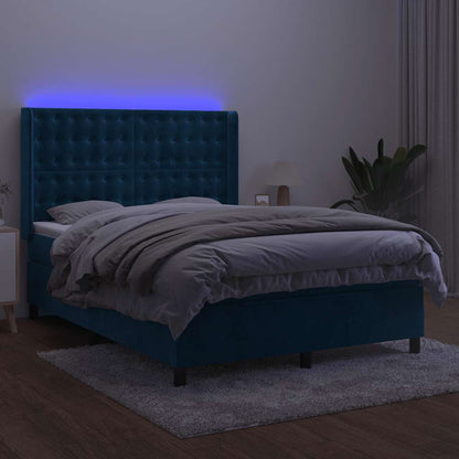 Letto a Molle con Materasso e LED Blu Scuro 140x190 cm